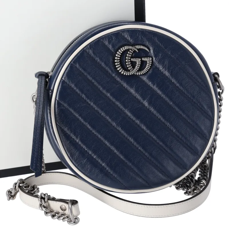 GUCCI GG Marmont Round Shoulder Bag 550154 Navy White Leather made by Gucci