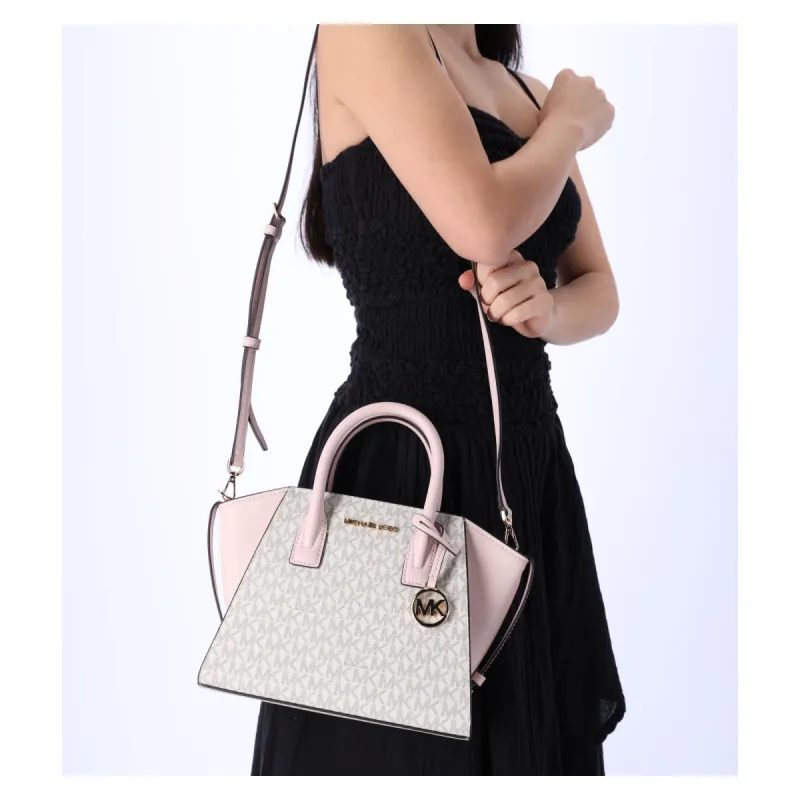 Michael Kors Avril Small Top Zip Satchel Crossbody Vanilla MK Signature Pink sold by Gaby's Bags