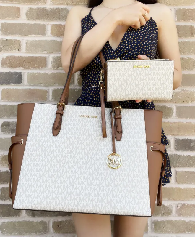 Michael Kors Gilly Large Drawstring Tote Vanilla MK + Double Zip Wristlet sold by Gaby's Bags