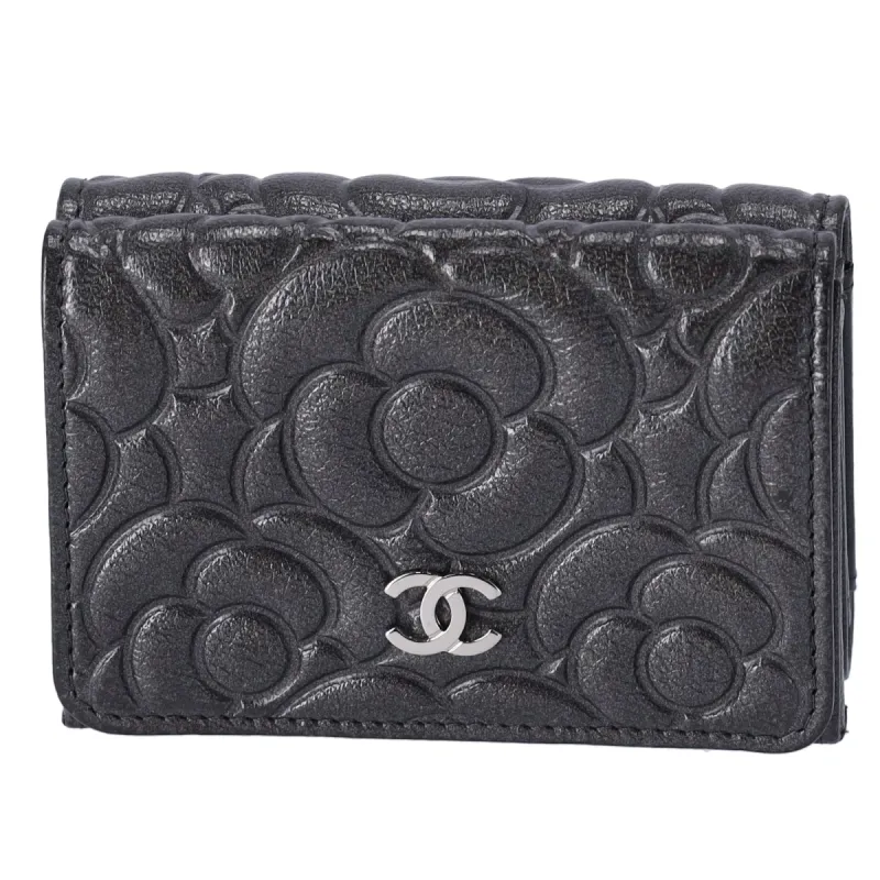 CHANEL Camellia Trifold Wallet Dark Gray Leather made by Gaby's Bags