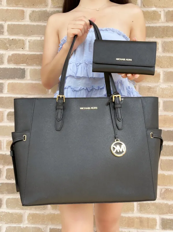 Michael Kors Gilly Large Jet Set Drawstring Top Zip Tote Black + Trifold Wallet sold by Gaby's Bags