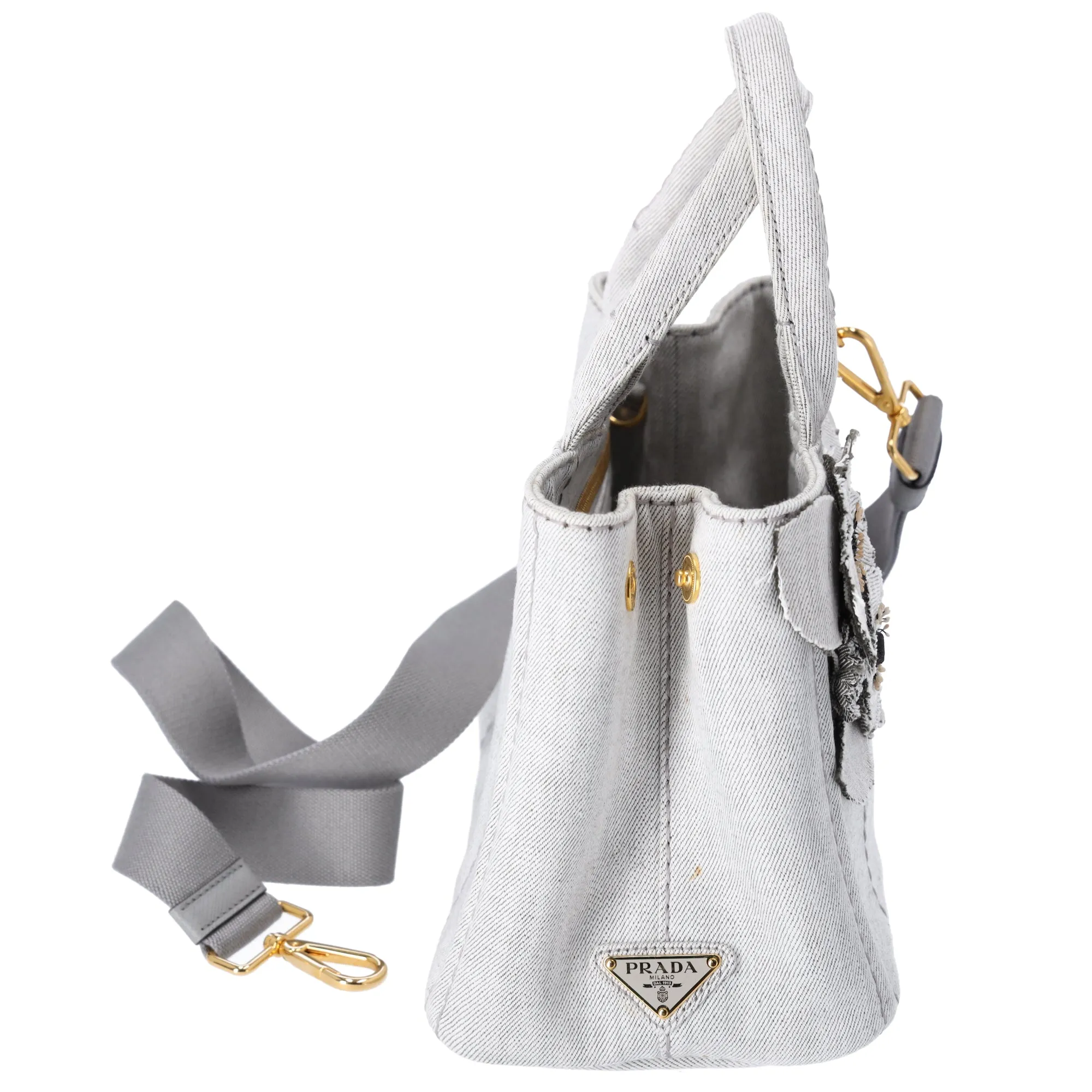PRADA Canapa Tote Bag 1BG439 Light Gray Black Denim Flowers sold by Gaby's Bags product image thumbnail 4