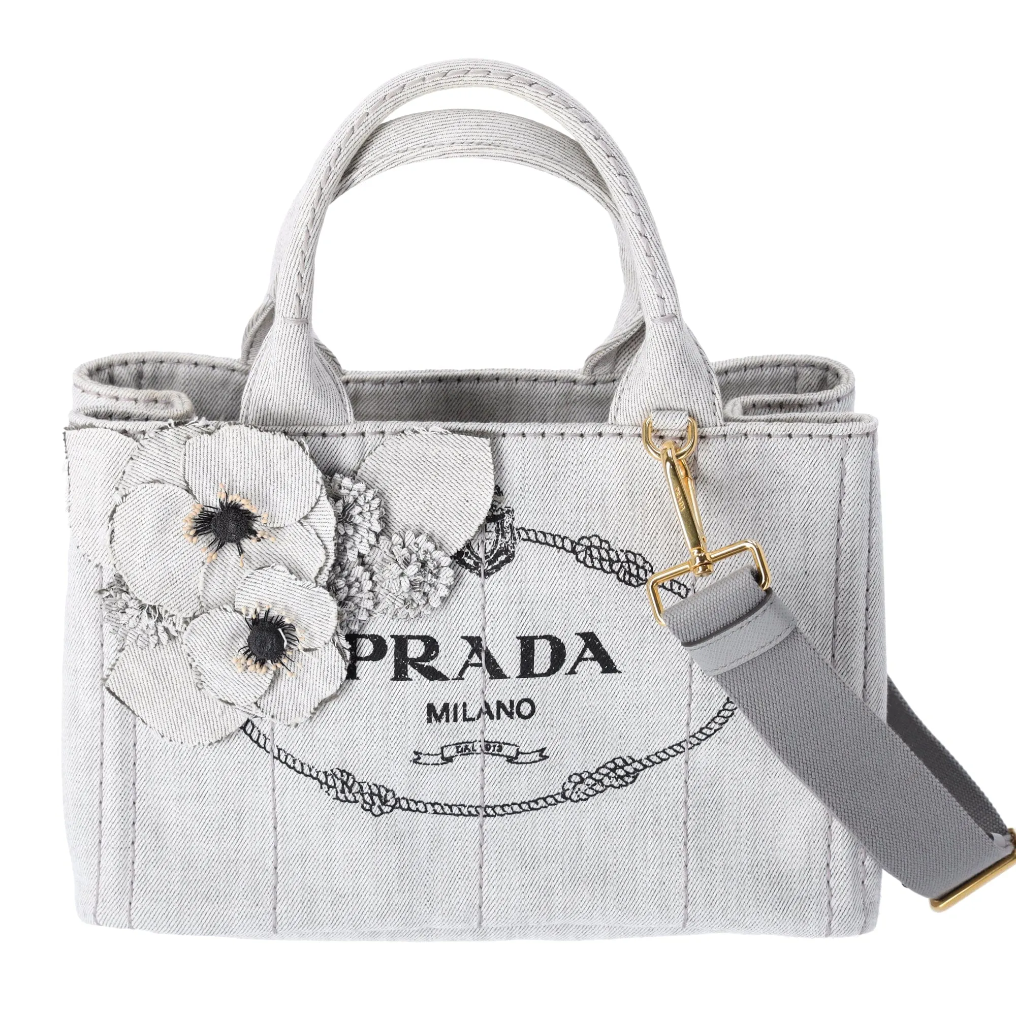 PRADA Canapa Tote Bag 1BG439 Light Gray Black Denim Flowers sold by Gaby's Bags