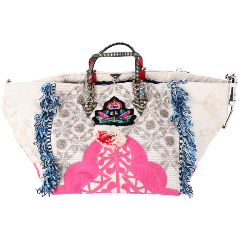 Christian Louboutin Caba Large Tote Motif Embroidered Jacquard Beige Pink Blue sold by Gaby's Bags