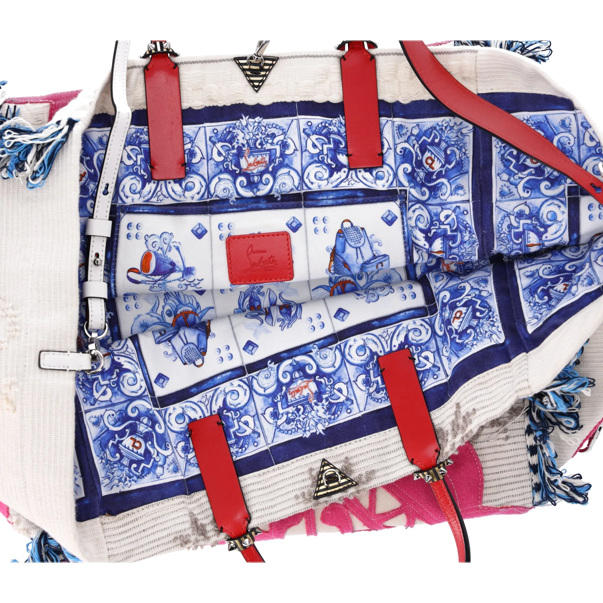 Christian Louboutin Caba Large Tote Motif Embroidered Jacquard Beige Pink Blue sold by Gaby's Bags product image thumbnail 5