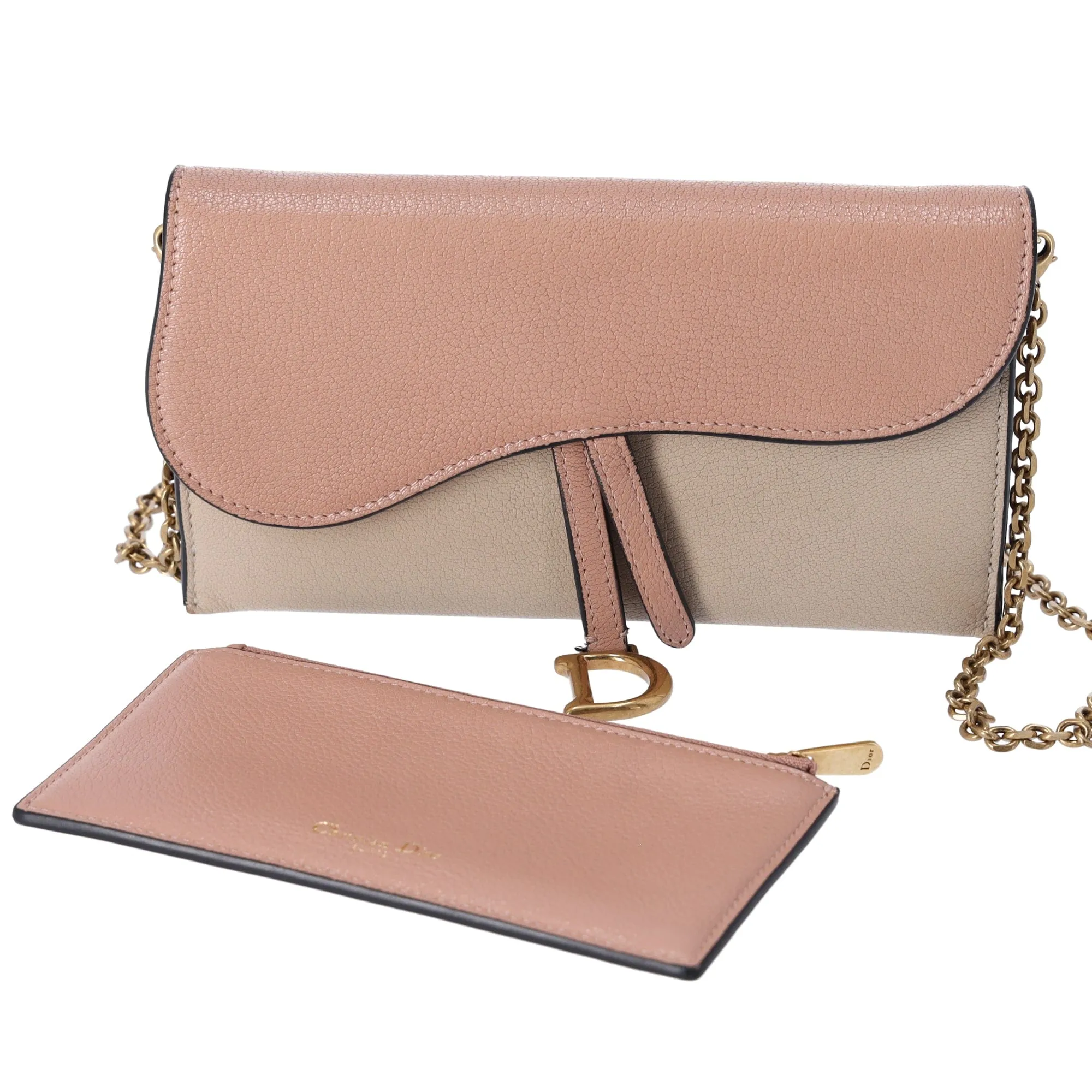 Christian Dior Saddle Chain Wallet Crossbody WOC Pink Beige Colorblock Leather sold by Gaby's Bags