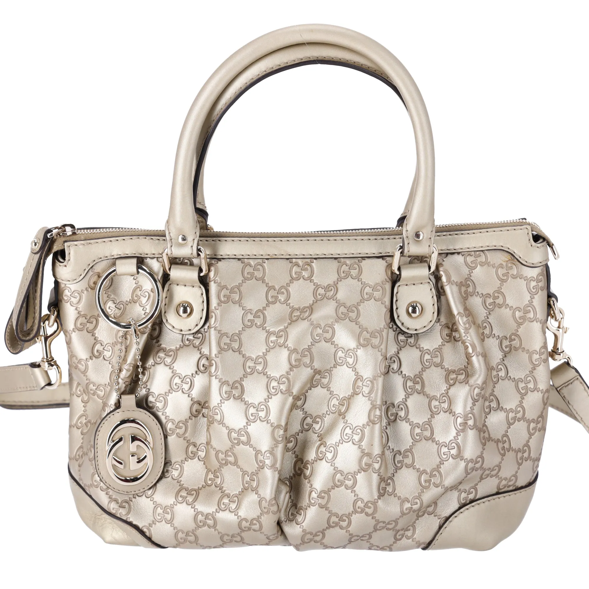 Gucci Sukey Champagne Gold Leather Guccissima Top Zip Satchel Shoulder Bag sold by Gaby's Bags