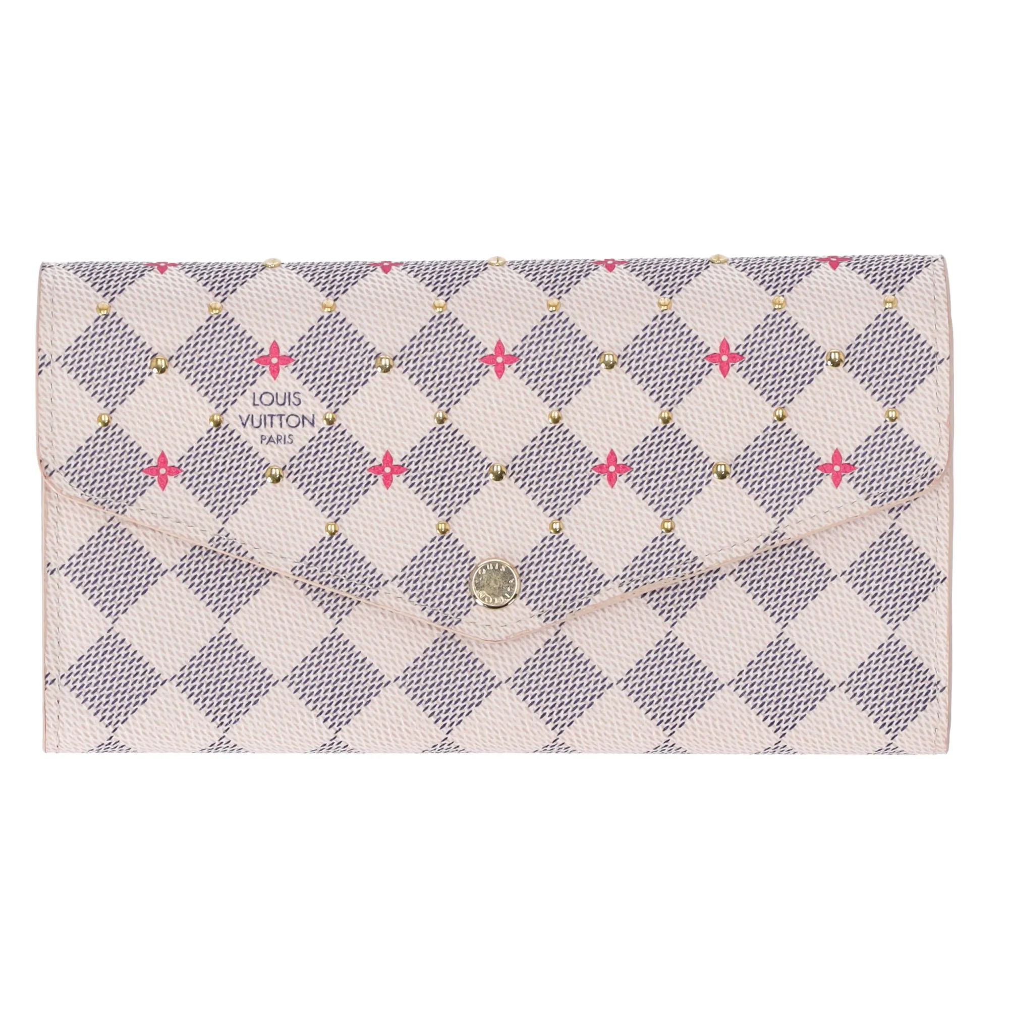Louis Vuitton Sarah Damier Azur Studs Bifold Long Wallet N45296 Fuchsia Pink sold by Gaby's Bags