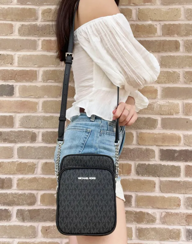 Michael Kors FlightBag JetSet Chain NorthSouth Crossbody BlackMK Signature sold by Gaby's Bags