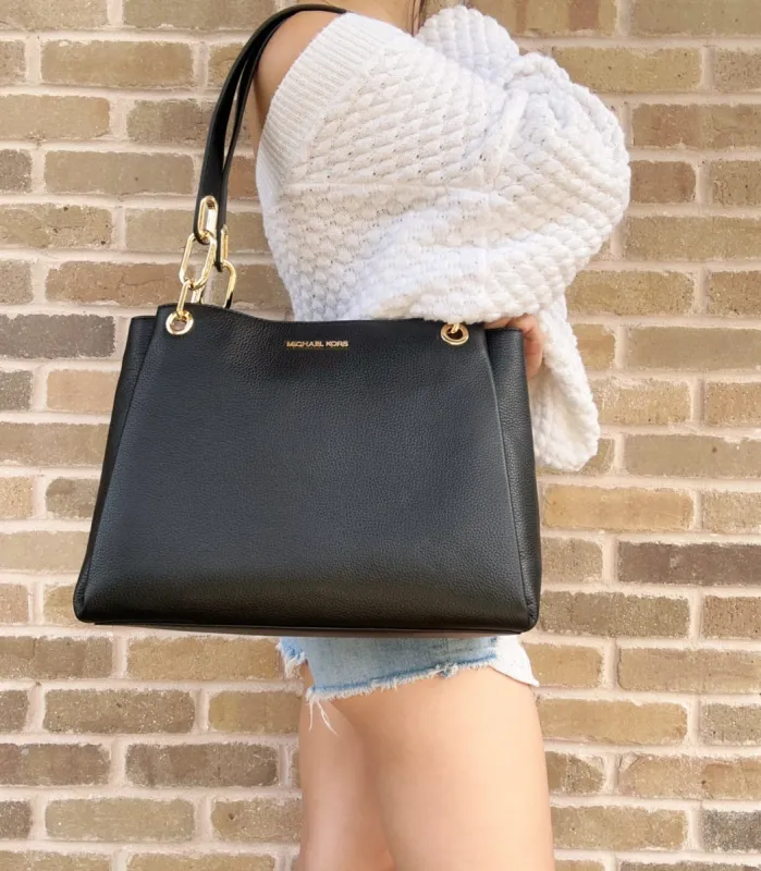 Michael Kors Trisha Large Triple Gusset Tote Black Pebbled Leather Shoulder Bag sold by Gaby's Bags