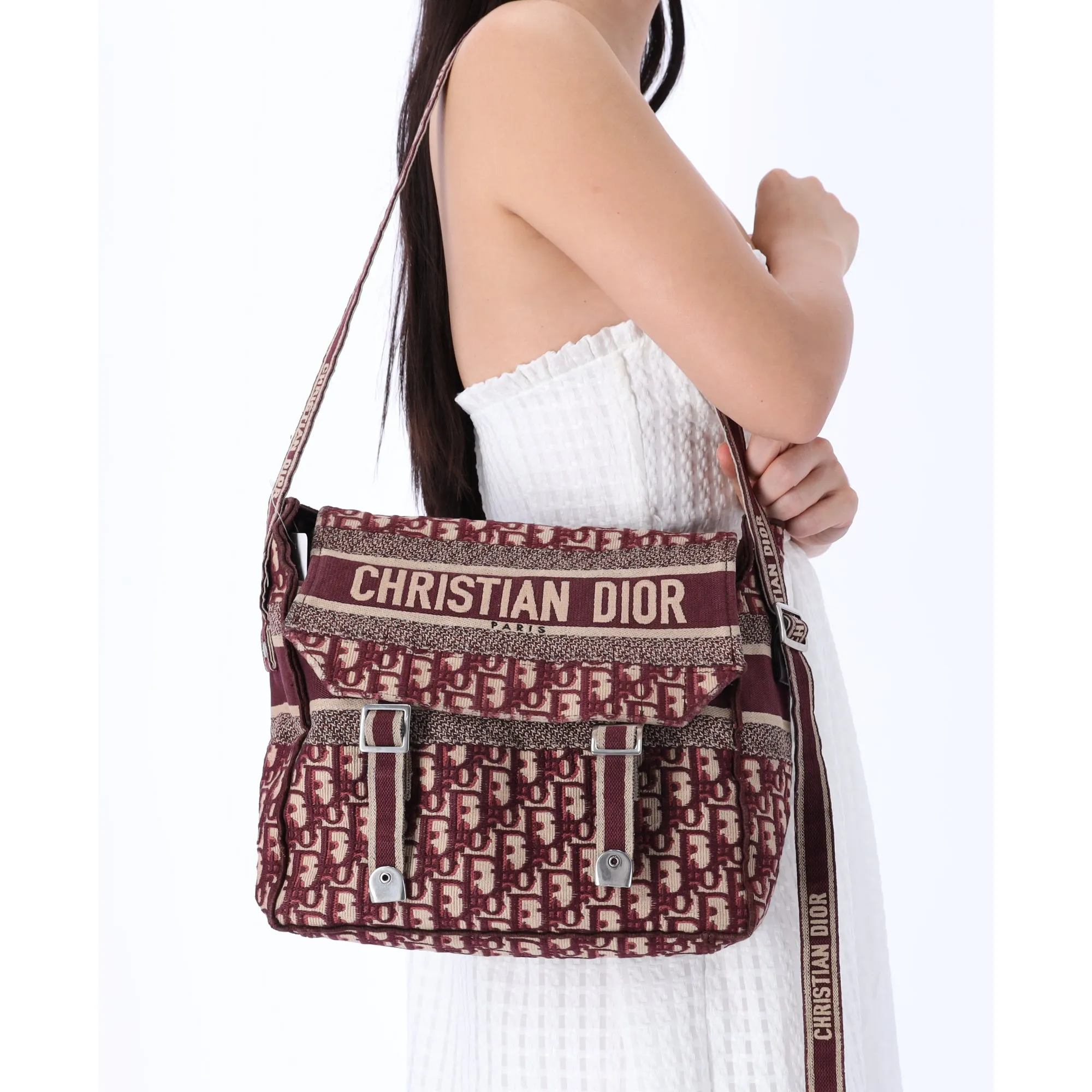 Christian Dior Oblique Diorcamp Canvas Fabric Crossbody Bag Burgundy Jacquard sold by Gaby's Bags