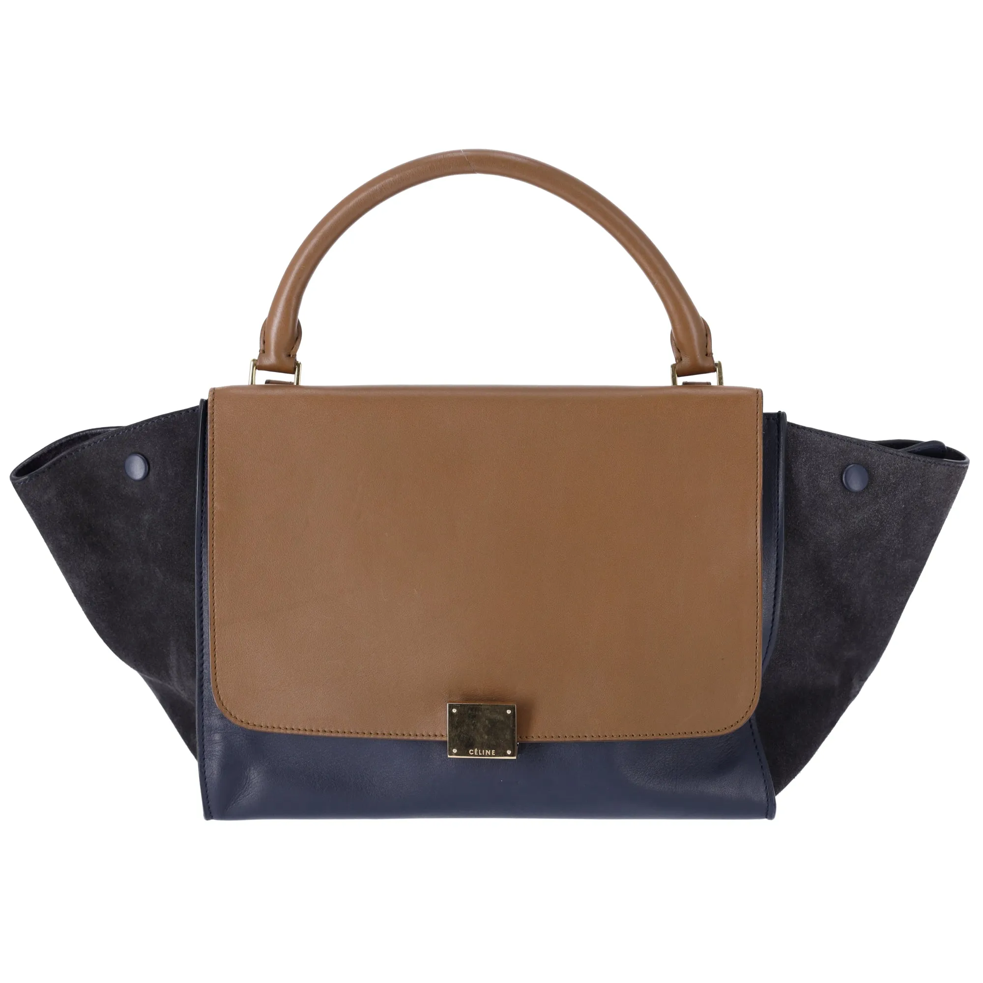 Celine Trapeze Medium Handbag Light Brown Dark Navy Leather Suede sold by Gaby's Bags