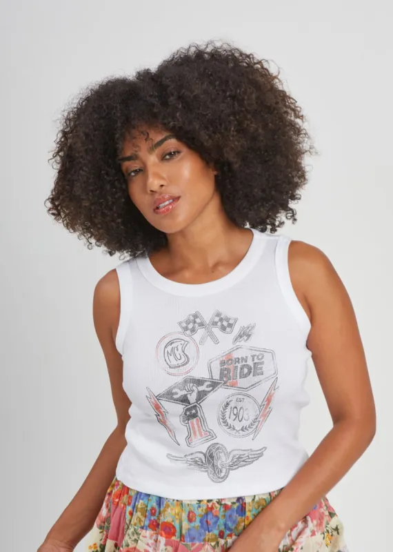 Moto Patches Ribbed White Cropped Tank sold by Girl Dangerous