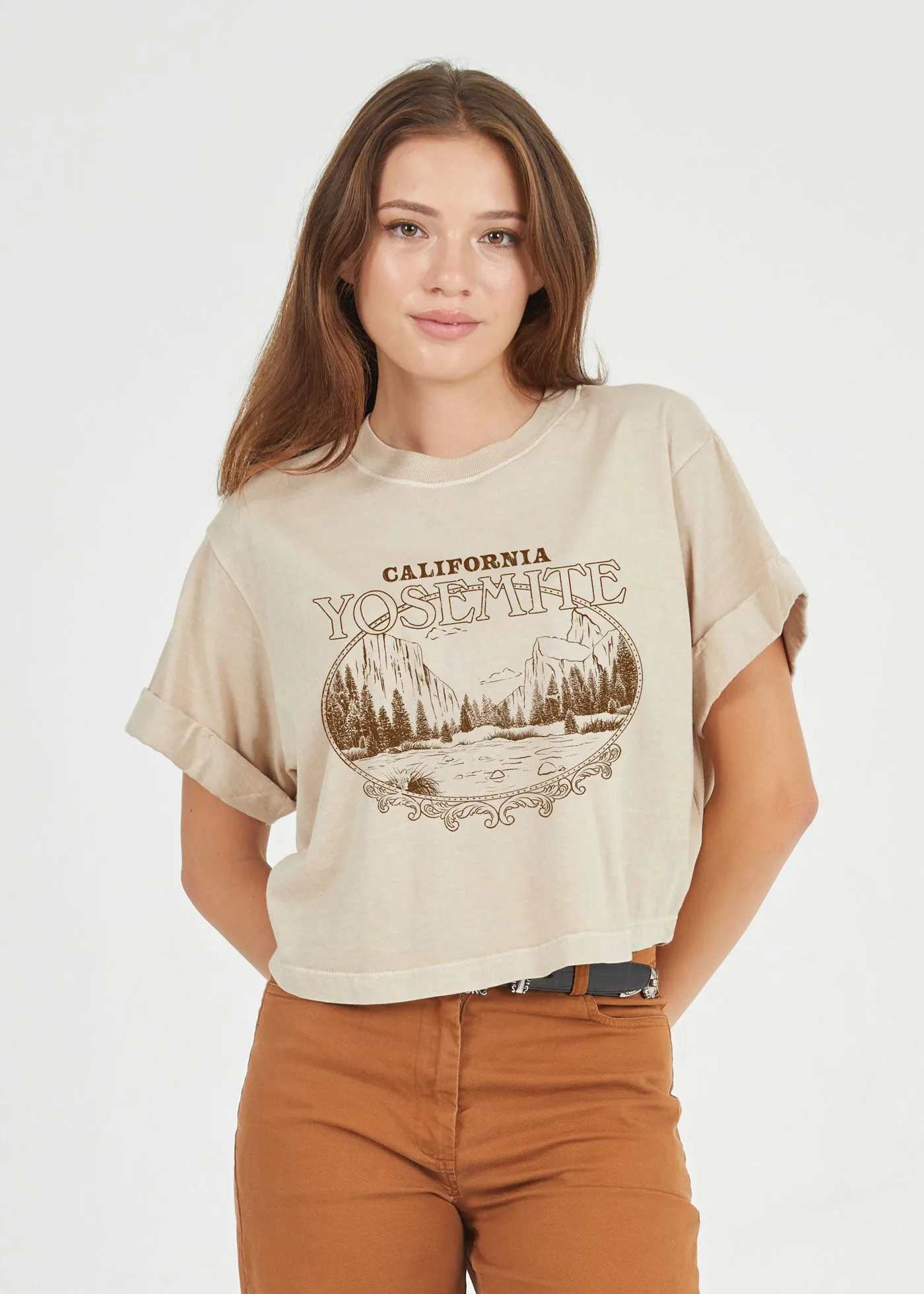 Yosemite Frame Sand Cropped Boyfriend Tee sold by Girl Dangerous
