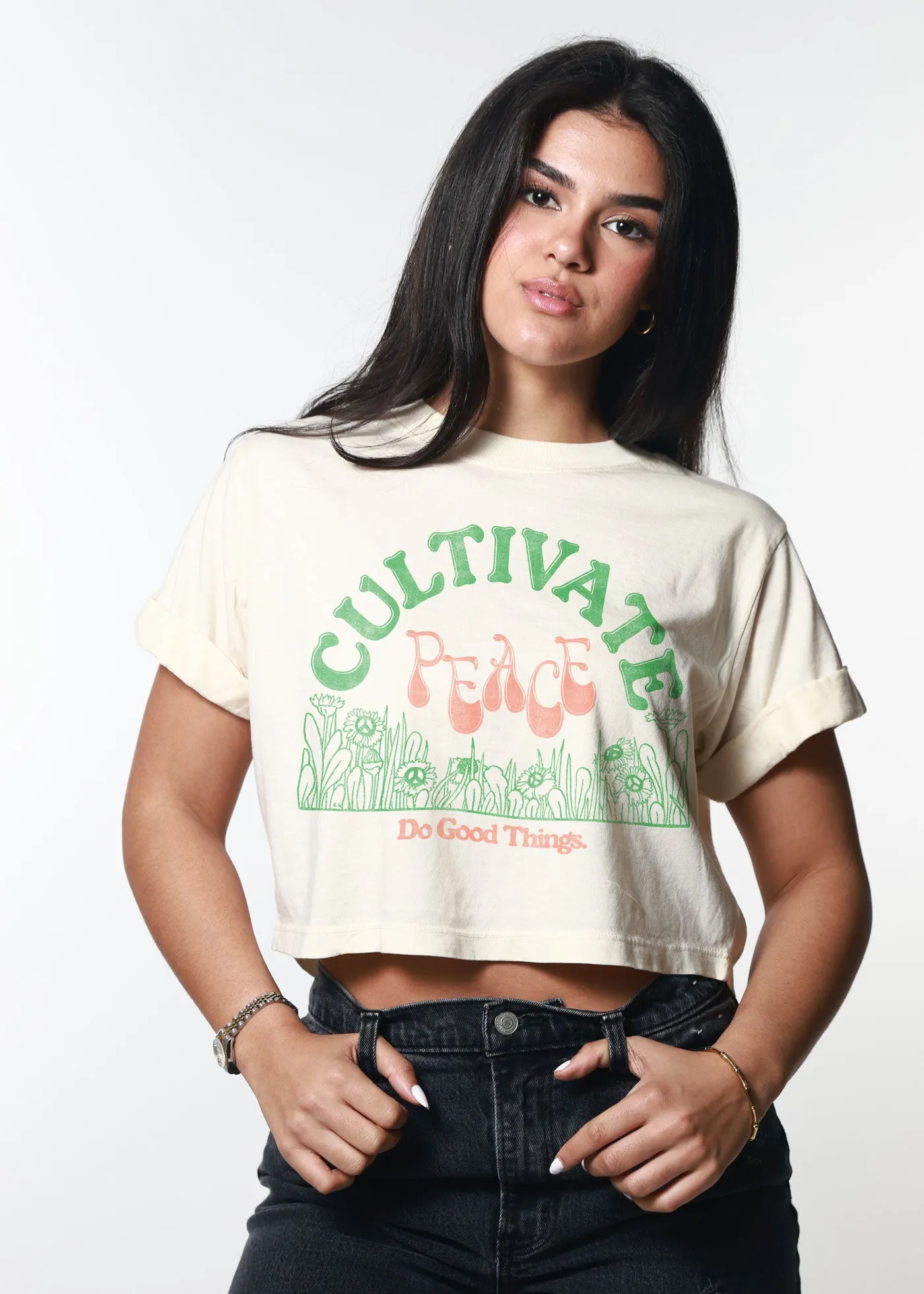 Cultivate Peace Off White Cropped Boyfriend Tee sold by Girl Dangerous