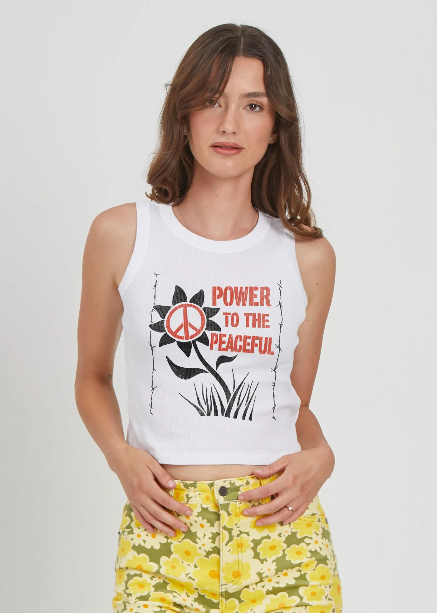 Power To The Peaceful Ribbed White Cropped Tank sold by Girl Dangerous product image thumbnail 2