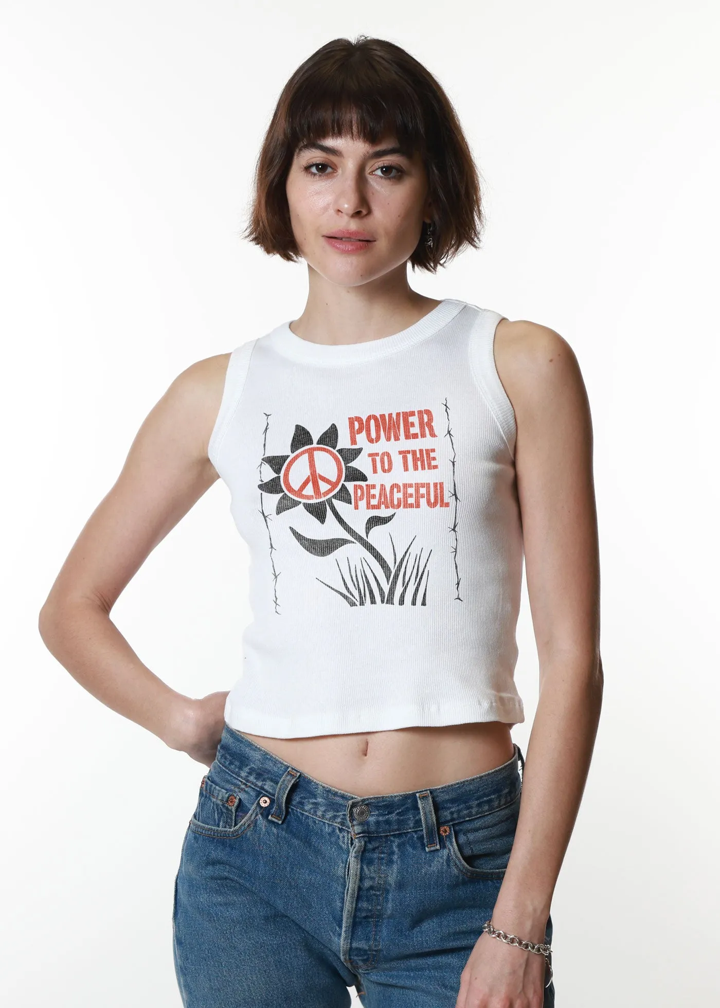 Power To The Peaceful Ribbed White Cropped Tank sold by Girl Dangerous