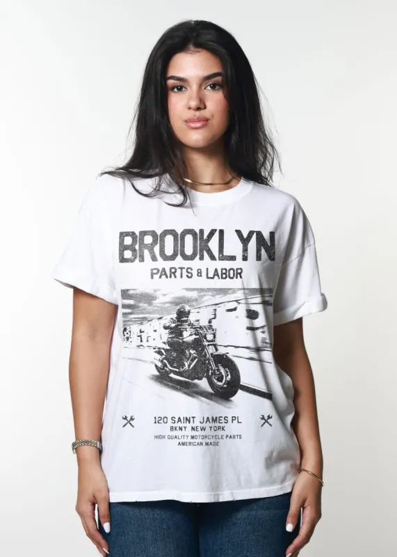 Brooklyn Parts & Labor White Boyfriend Tee sold by Girl Dangerous