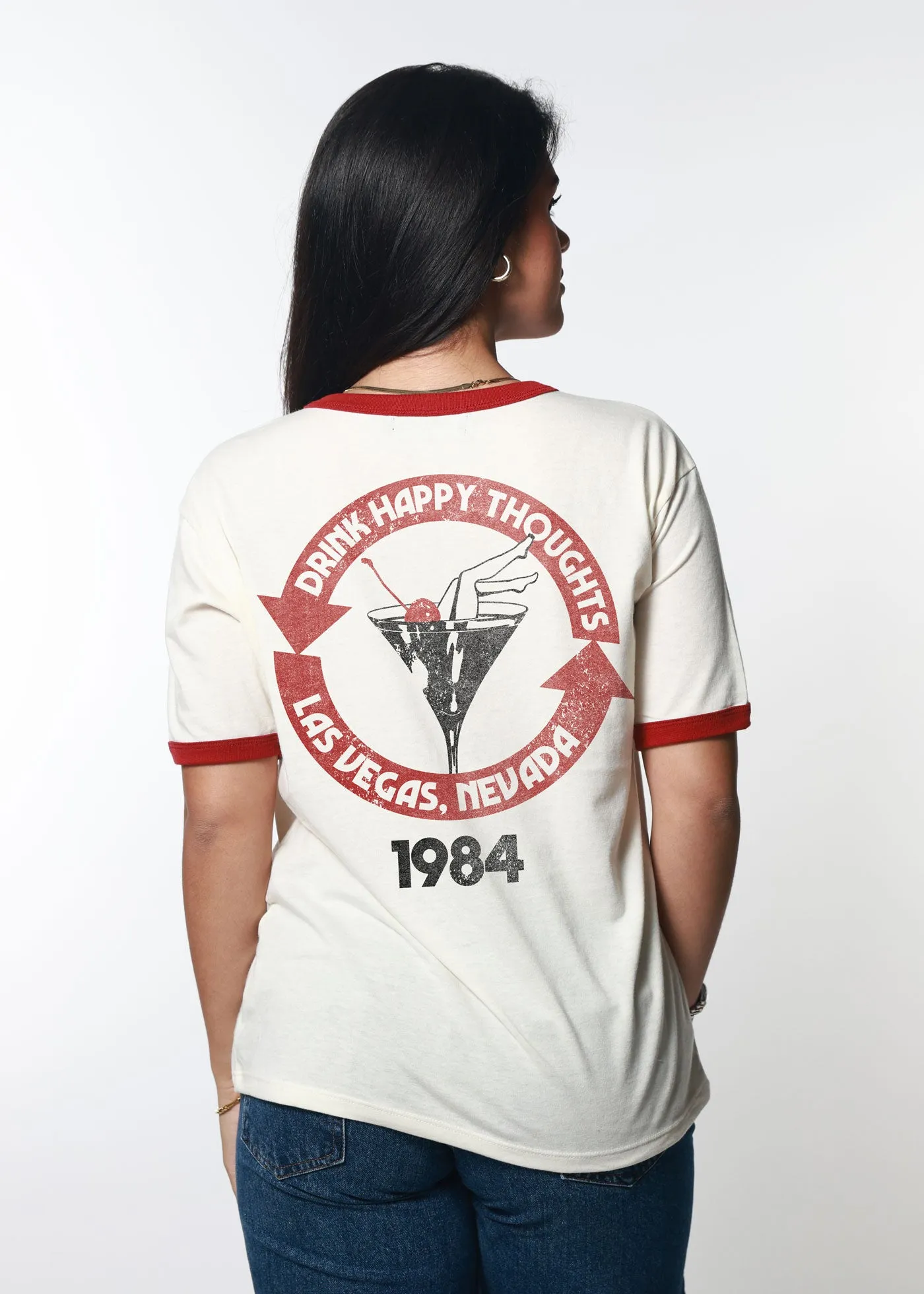 Drink Happy Thoughts Bone with Red Ringer Tee sold by Girl Dangerous
