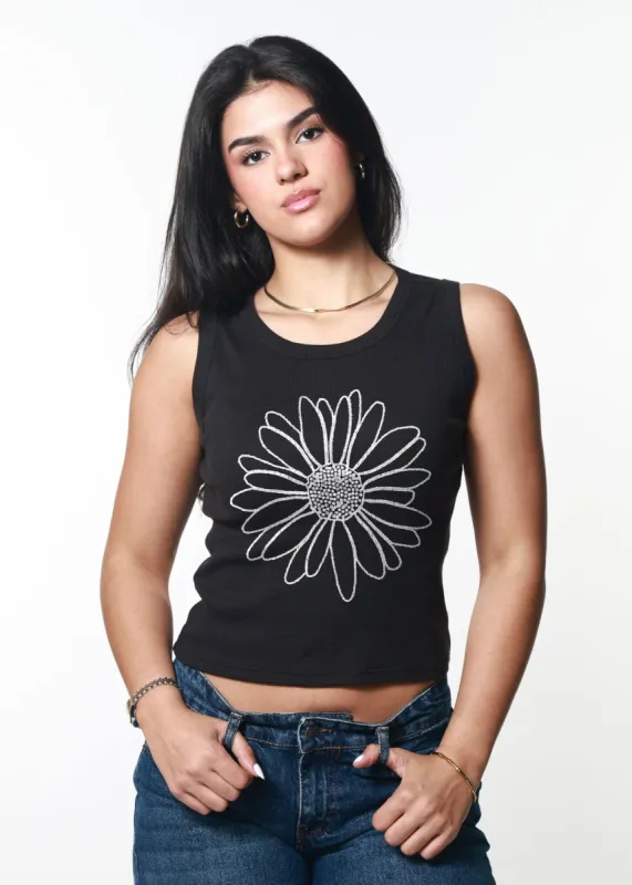 Daisy Outline Ribbed Black Cropped Tank sold by Girl Dangerous