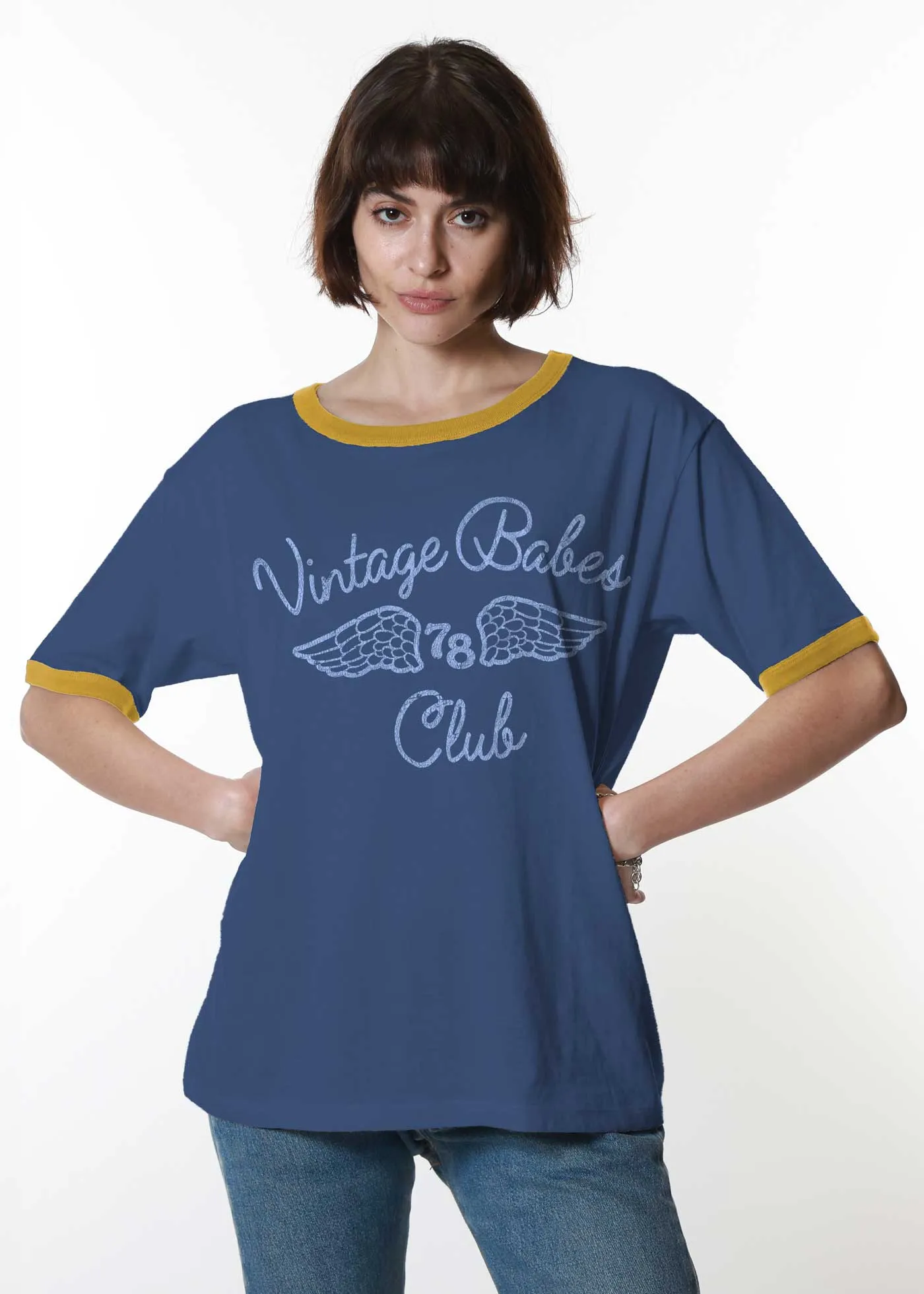 Vintage Babes Club Cobalt with Mustard Ringer Tee sold by Girl Dangerous