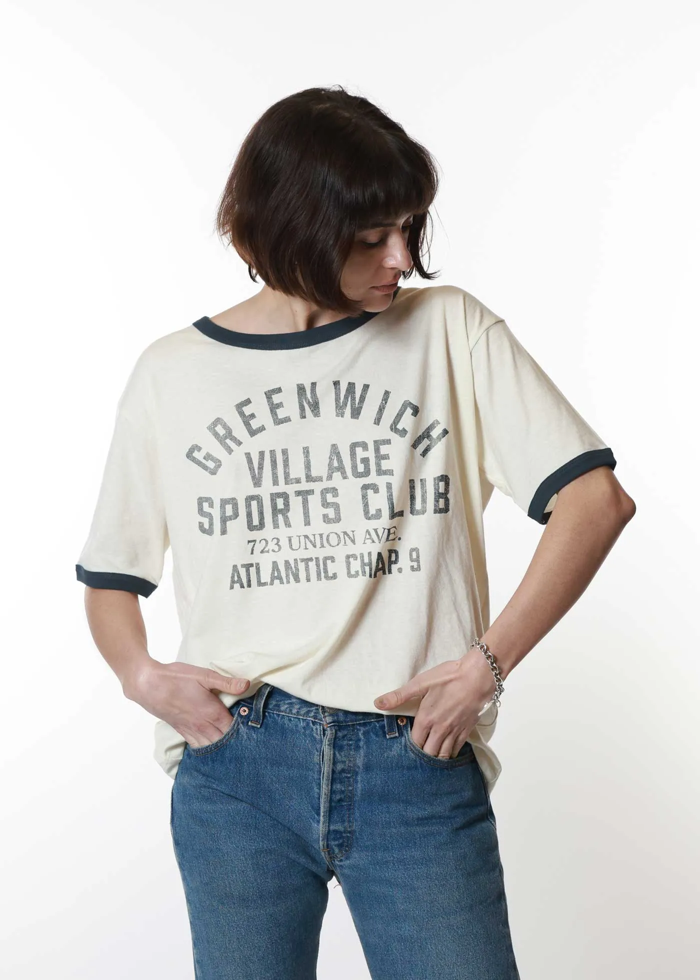 Greenwich Village Sports Club Bone with Navy Ringer Tee sold by Girl Dangerous