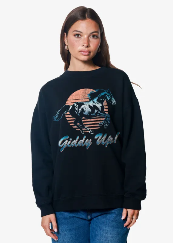 Giddy Up Oversized Black Crewneck Sweatshirt sold by Girl Dangerous