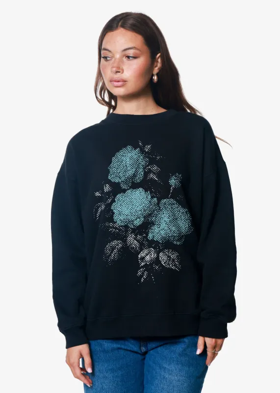 Blue Floral Oversized Black Crewneck Sweatshirt sold by Girl Dangerous