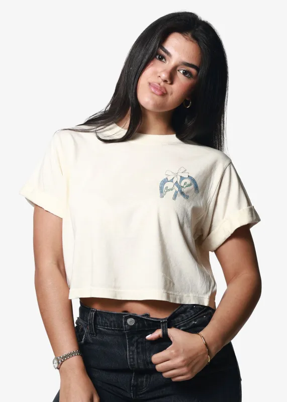 Good Luck Off White Cropped Boyfriend Tee sold by Girl Dangerous