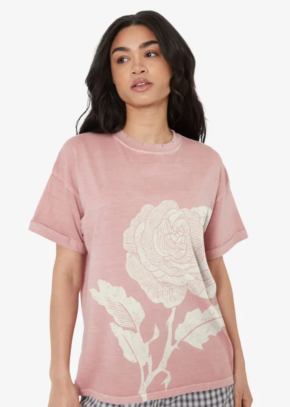 Woodcut Rose Dusty Pink Boyfriend Tee sold by Girl Dangerous