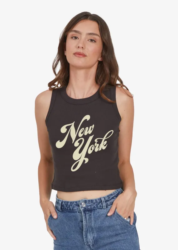 New York Black Ribbed Crop Tank sold by Girl Dangerous