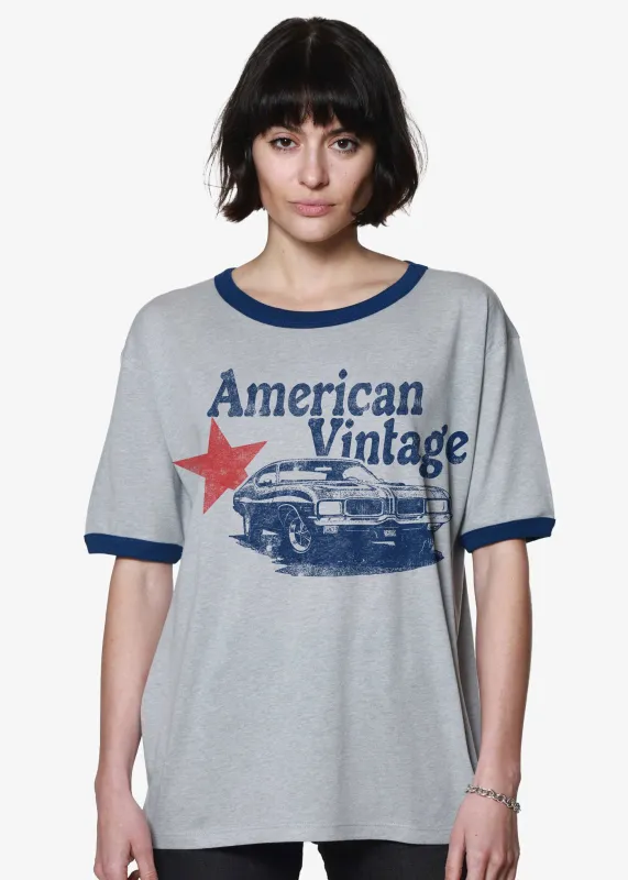 American Vintage Heather Grey & Cobalt Slouchy Ringer Tee sold by Girl Dangerous