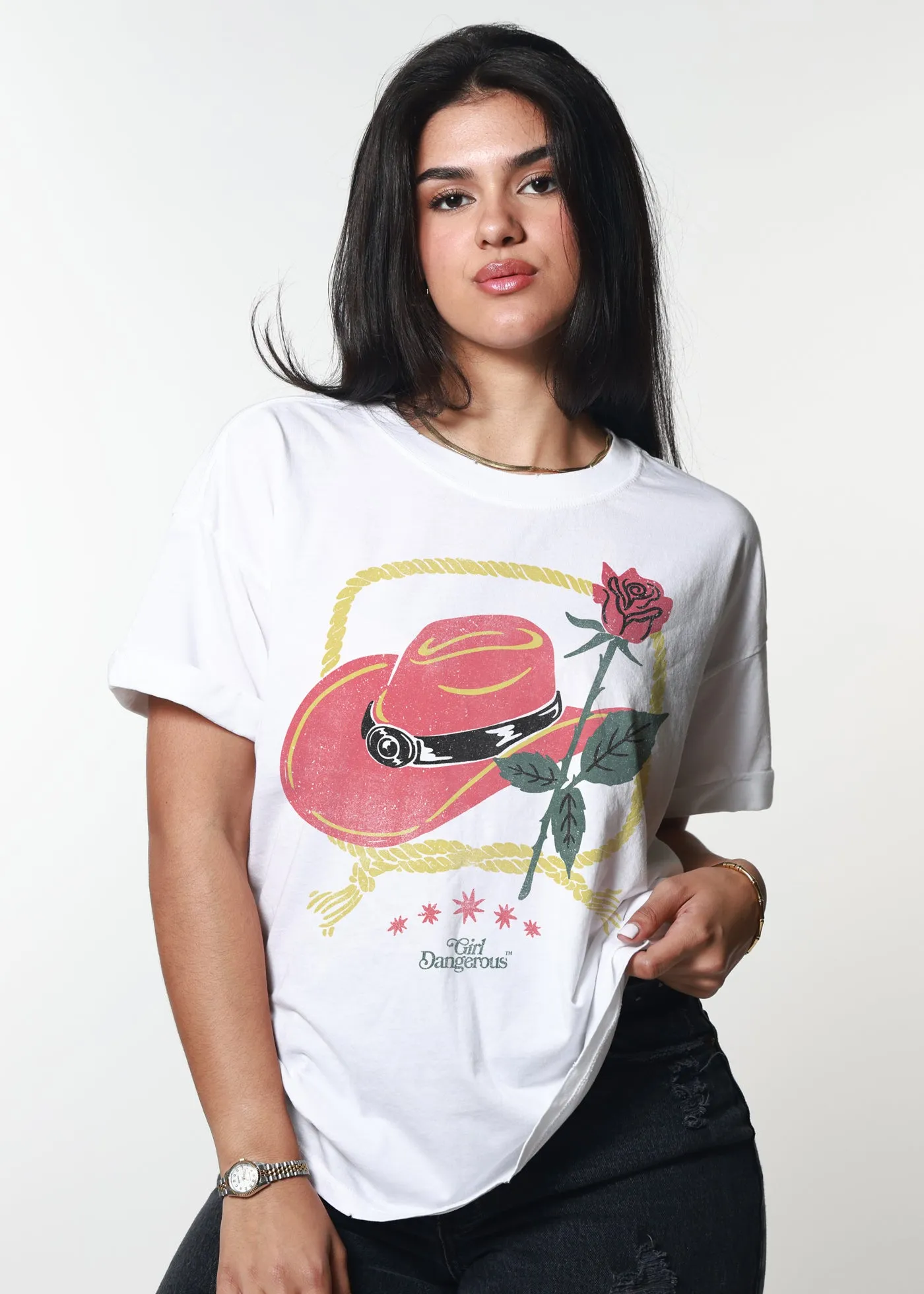 Cowboy Hat & Rose White Boyfriend Tee sold by Girl Dangerous