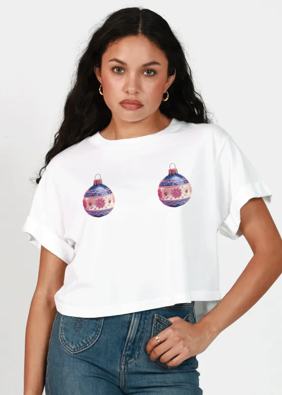 Holiday Ornaments Vintage White Cropped Boyfriend Tee sold by Girl Dangerous