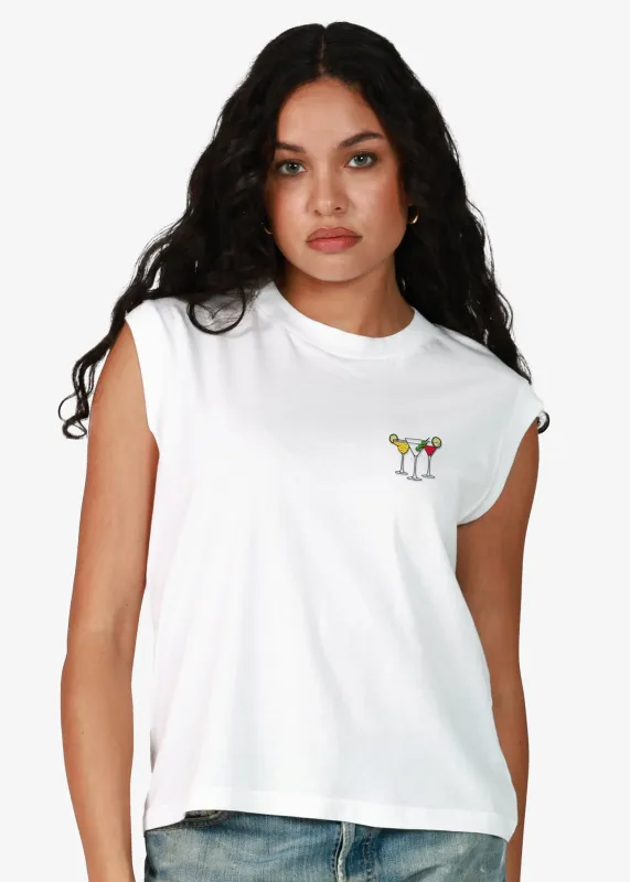 Cocktails Embroidery White Moto Tee made by Girl Dangerous