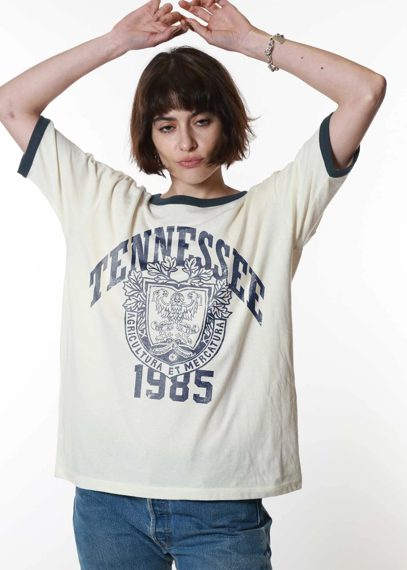 Tennessee 1985 Bone with Navy Ringer Tee sold by Girl Dangerous