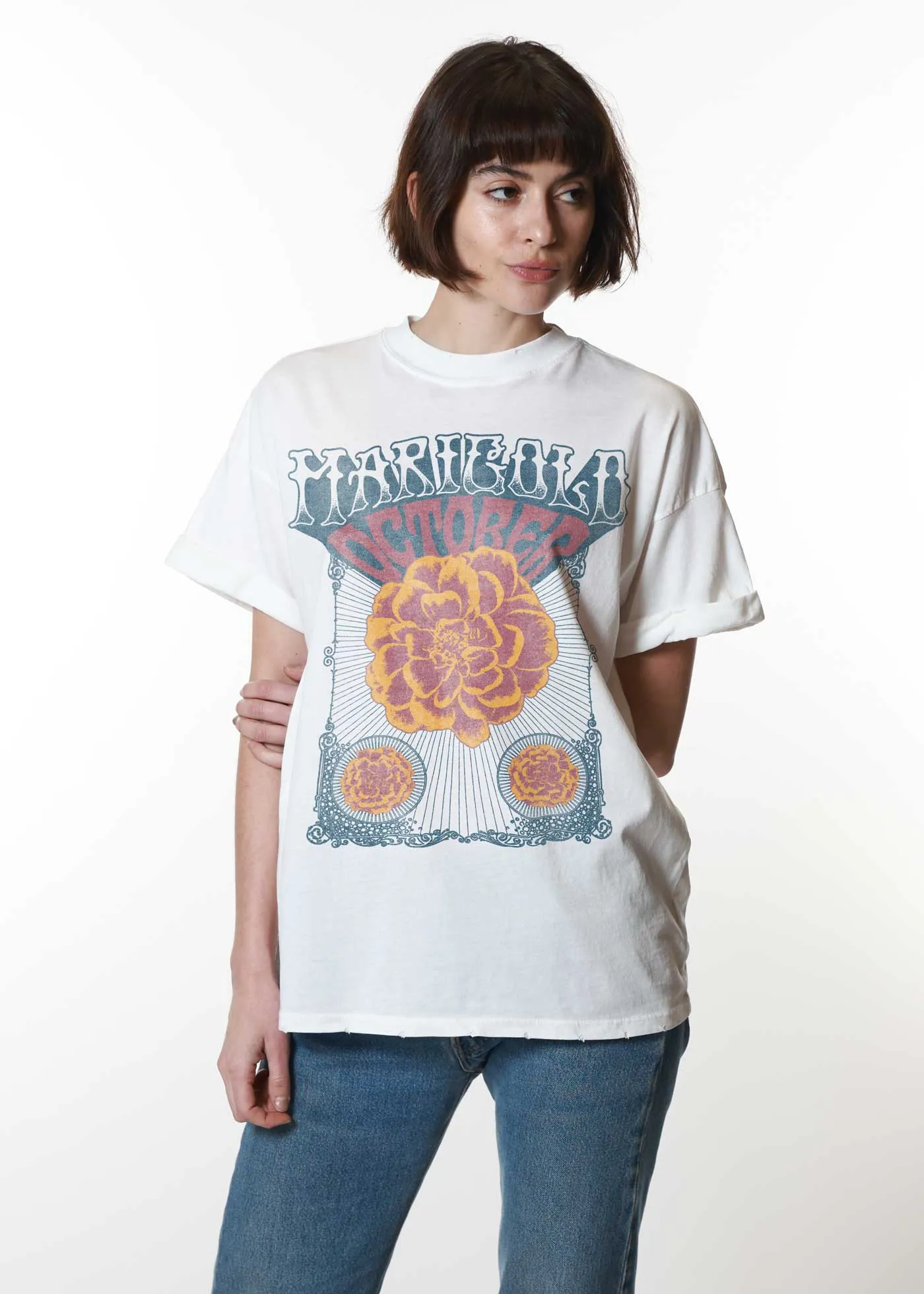 October Marigold Psychedelic White Boyfriend Tee sold by Girl Dangerous