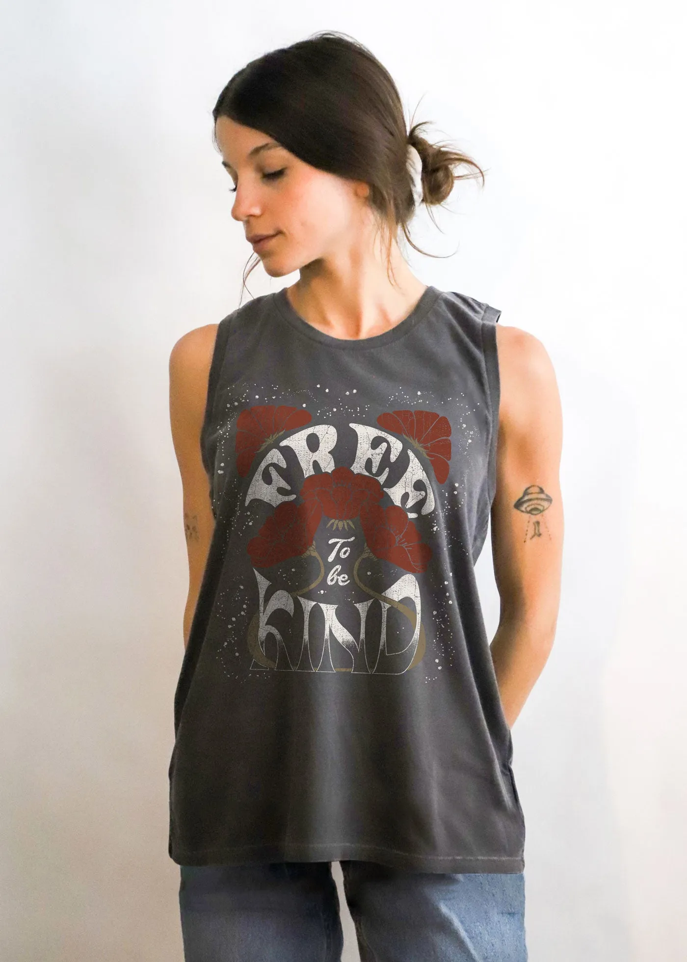 Free To Be Kind Flower Faded Black Muscle Tank sold by Girl Dangerous product image thumbnail 2