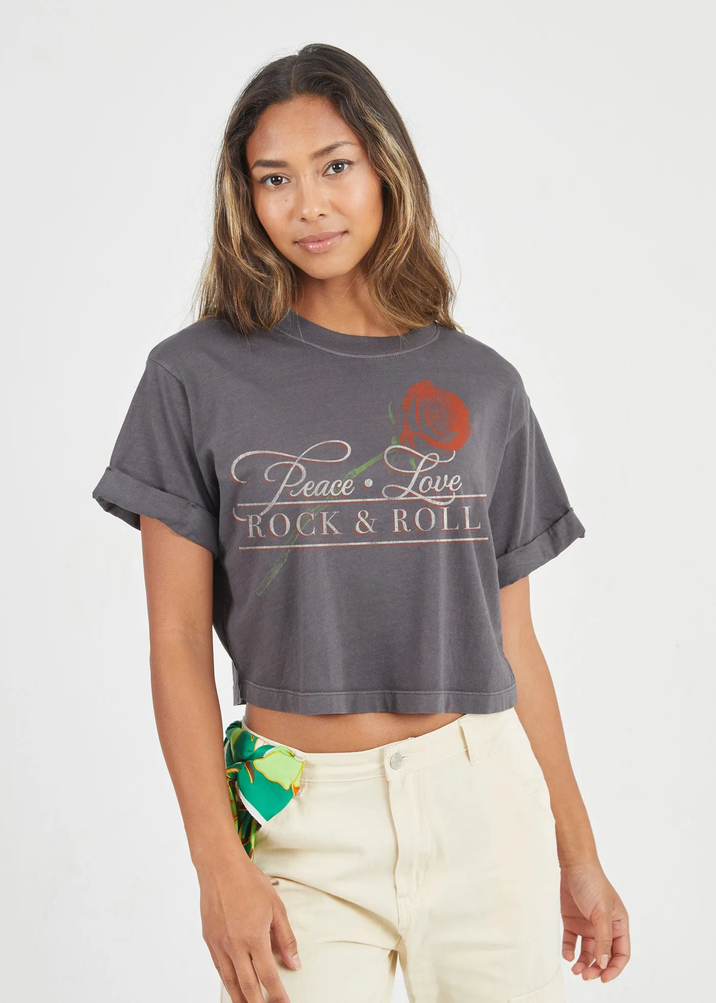 Peace Love Rock & Roll Vintage Black Cropped Boyfriend Tee sold by Girl Dangerous product image thumbnail 2