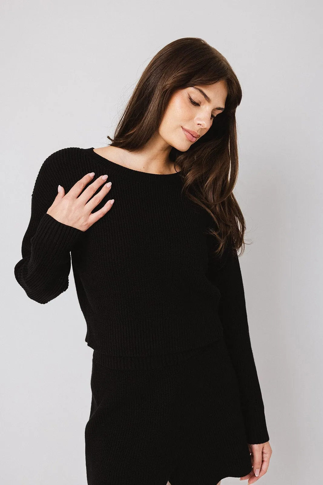 Jet Black Boatneck Sweater + High Rise Sweater Shorts sold by IVL COLLECTIVE product image thumbnail 4