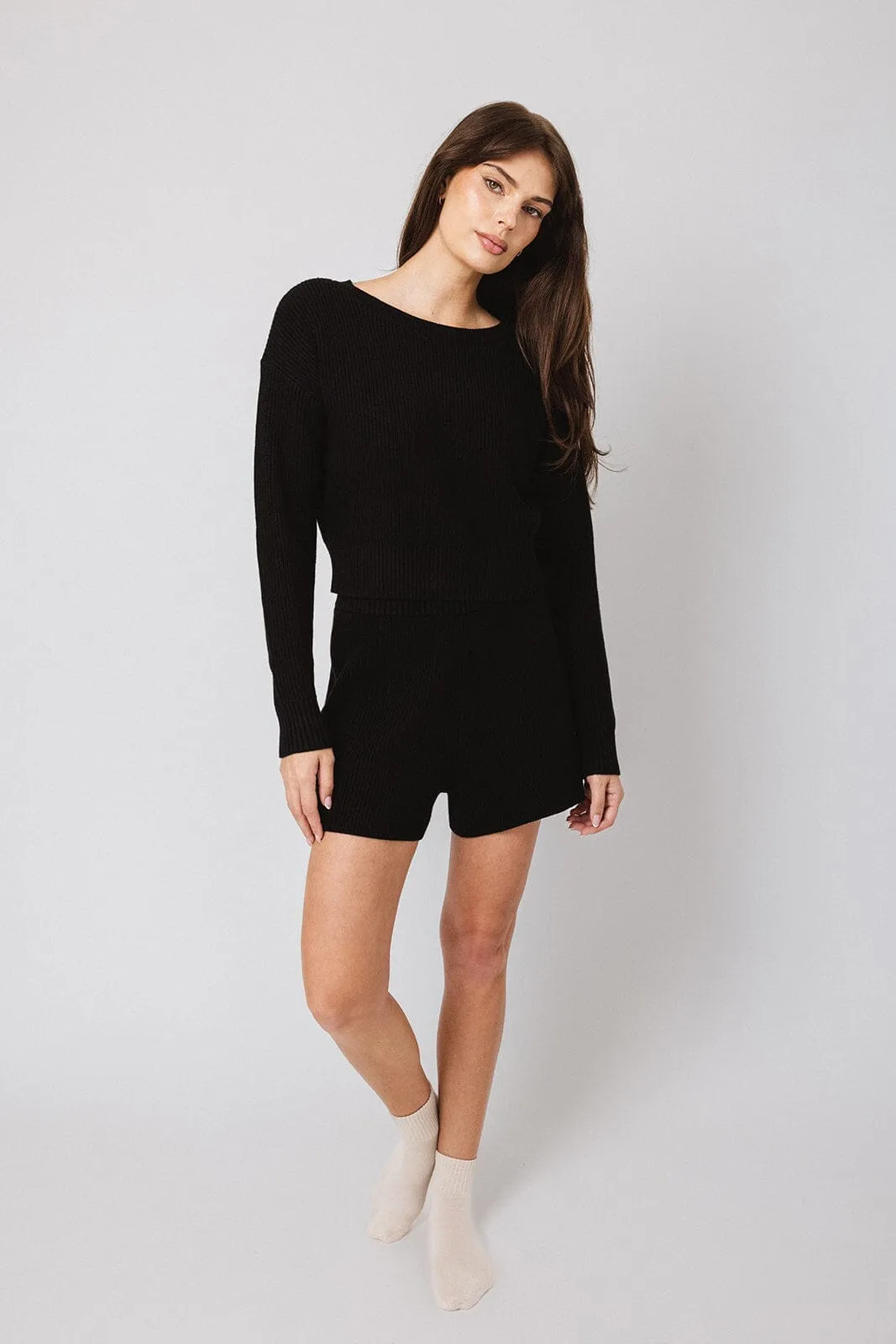 Jet Black Boatneck Sweater + High Rise Sweater Shorts sold by IVL COLLECTIVE