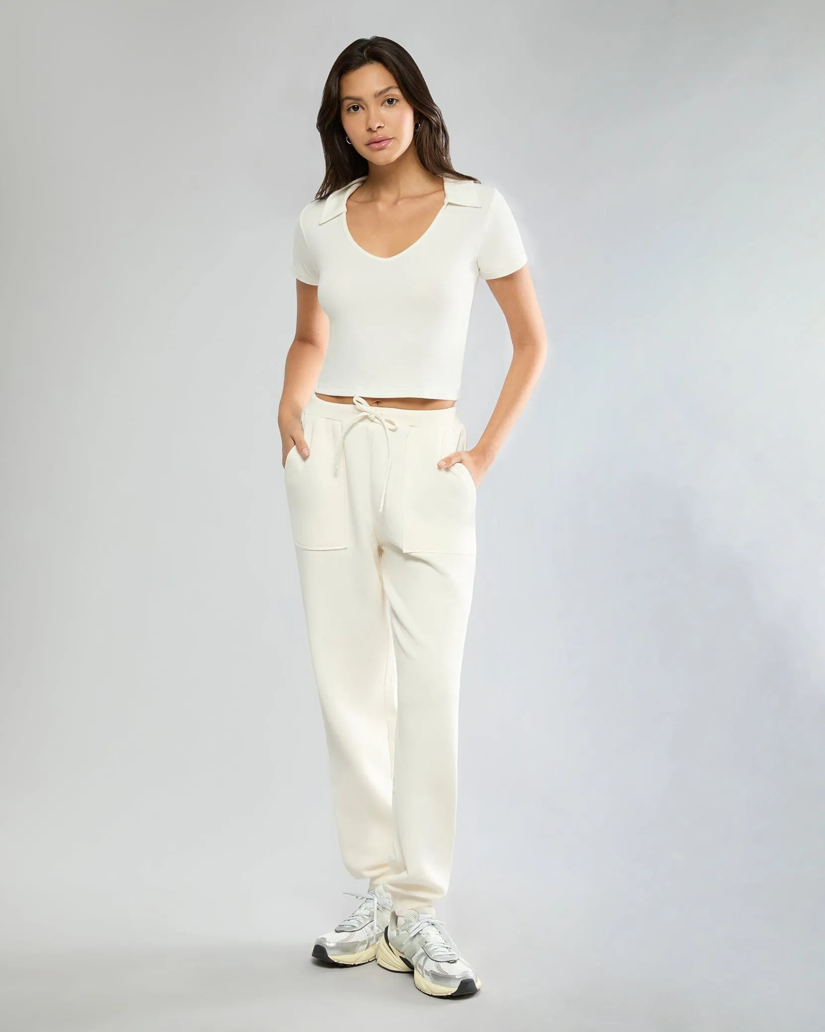 Off White V-neck Polo + High Rise Jogger sold by IVL COLLECTIVE