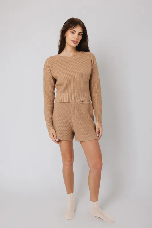 Sand Boatneck Sweater + High Rise Sweater Shorts + Funnel Neck Half-Zip Sweater sold by IVL COLLECTIVE
