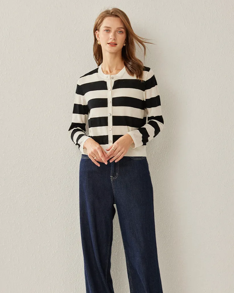 Button Up Wool Striped Knit Crew neck Cardigan sold by DAISYSILK product image thumbnail 4