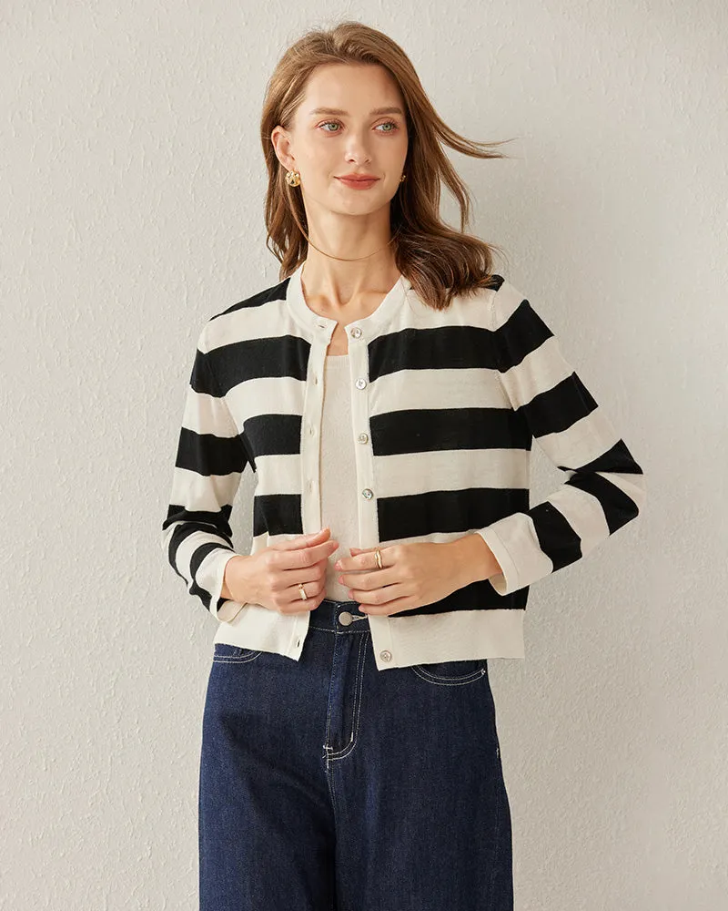 Button Up Wool Striped Knit Crew neck Cardigan sold by DAISYSILK product image thumbnail 3