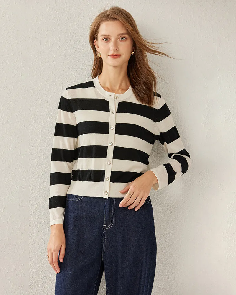 Button Up Wool Striped Knit Crew neck Cardigan sold by DAISYSILK