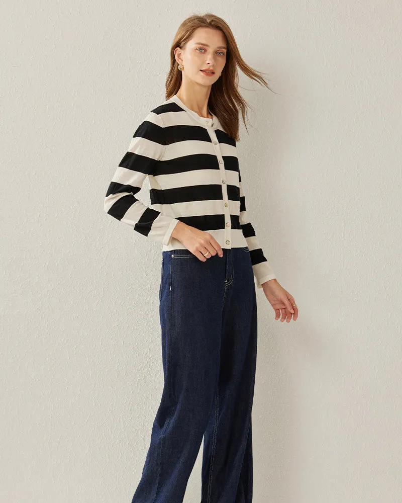 Button Up Wool Striped Knit Crew neck Cardigan sold by DAISYSILK product image thumbnail 2