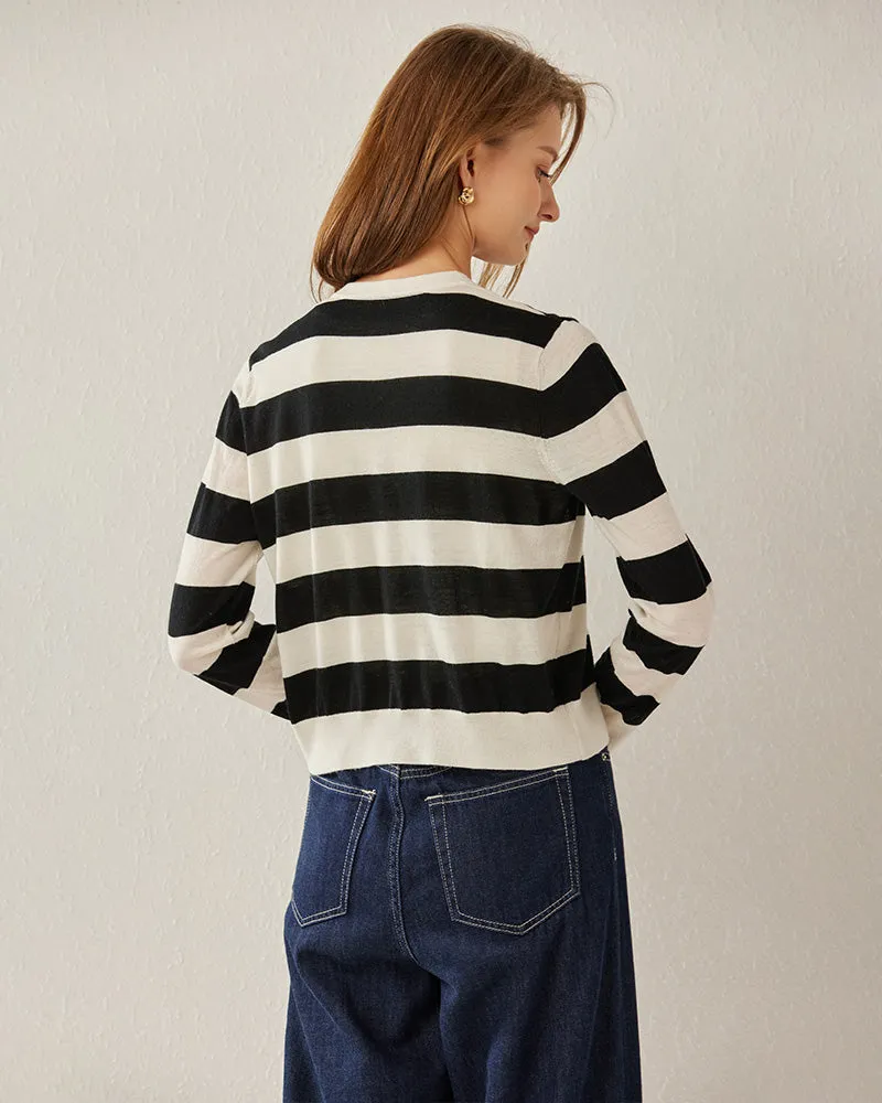 Button Up Wool Striped Knit Crew neck Cardigan sold by DAISYSILK product image thumbnail 5