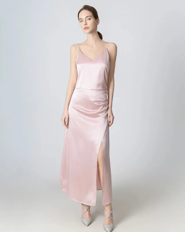 V-neck Pleated Slit Maxi Silk Dress sold by DAISYSILK