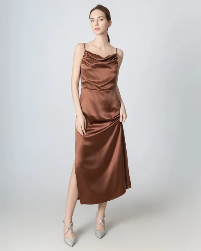 Pleated Cowl Neck Slit Maxi Silk Dress sold by DAISYSILK